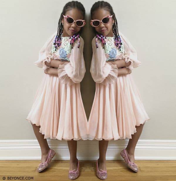 Blue Ivy Carter Wearing Dolce Gabbana Mini Me Pink Silk Chiffon Dress with Macrame Lace Bodice FW15