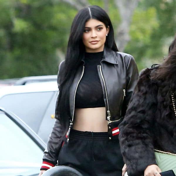 Kylie Jenner Givenchy Leather Jacket and Logo Pants Streetwear Look 