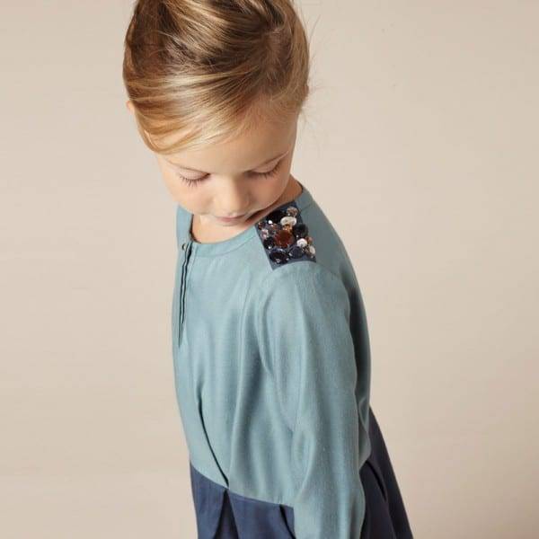 Chloe Long Sleeved Jewelled Viscose Dress in Blue