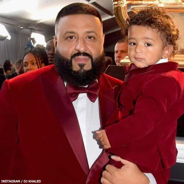 DJ Khaled & Asahd Khaled Mini Me Red Velvet Suit 2018 Grammy Awards