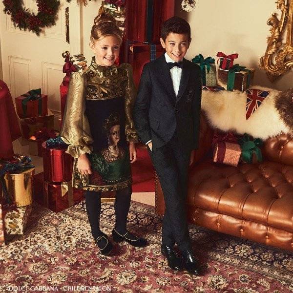 Dolce and Gabbana Girls Baroque Gold Holiday Dress and Boys Black Suit
