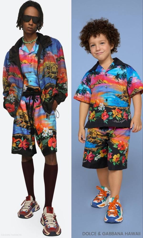 Dolce Gabbana Kids Boys Mini Me Hawaii Black Colorful Shirt Shorts Outfit