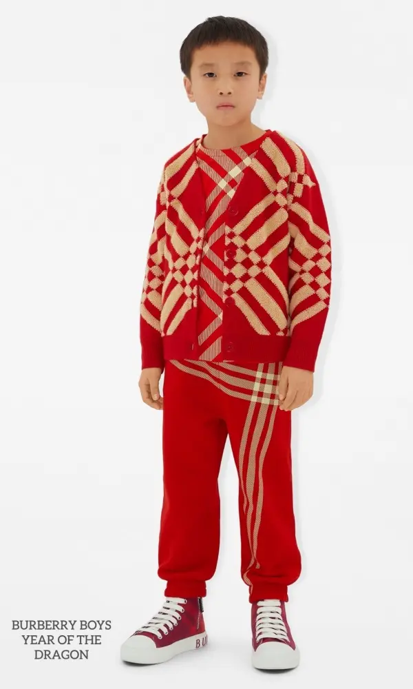 Burberry Boys Lunar New Year of The Dragon Red Check Sweater Pants Outfit